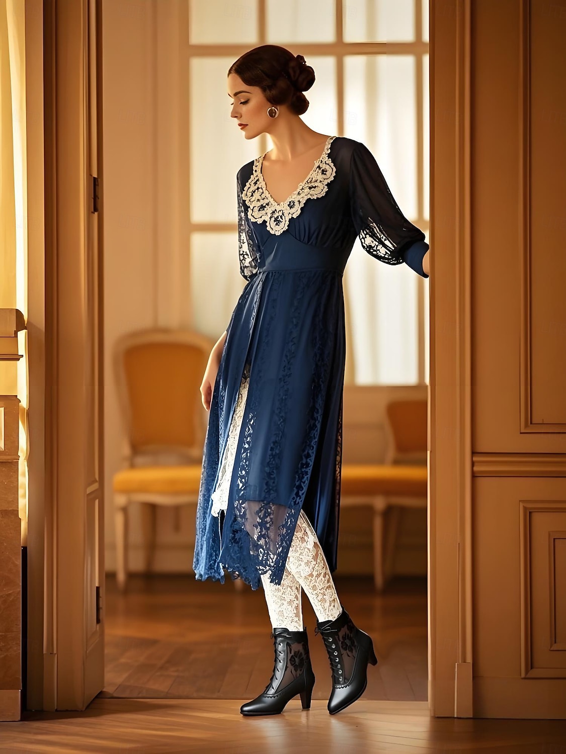 damskie czarne, koronkowe botki w stylu edwardiańskim - vintage'owe, siateczkowe, sznurowane, wiktoriańskie botki na średnim obcasie, idealne do mody gotyckiej, cosplayu i strojów w stylu lat 1900. 2026 - $64.99 –P5