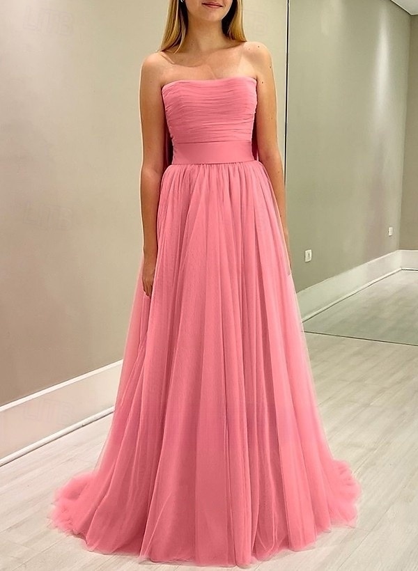 A-linje Gulvlengde Ballkjoler Elegant Ermeløs Stroppeløs Bryllupsgjest Engasjement Tyll med Sløyfe(r) Plissert Bølgemønster 2026 - $164.99 –P1