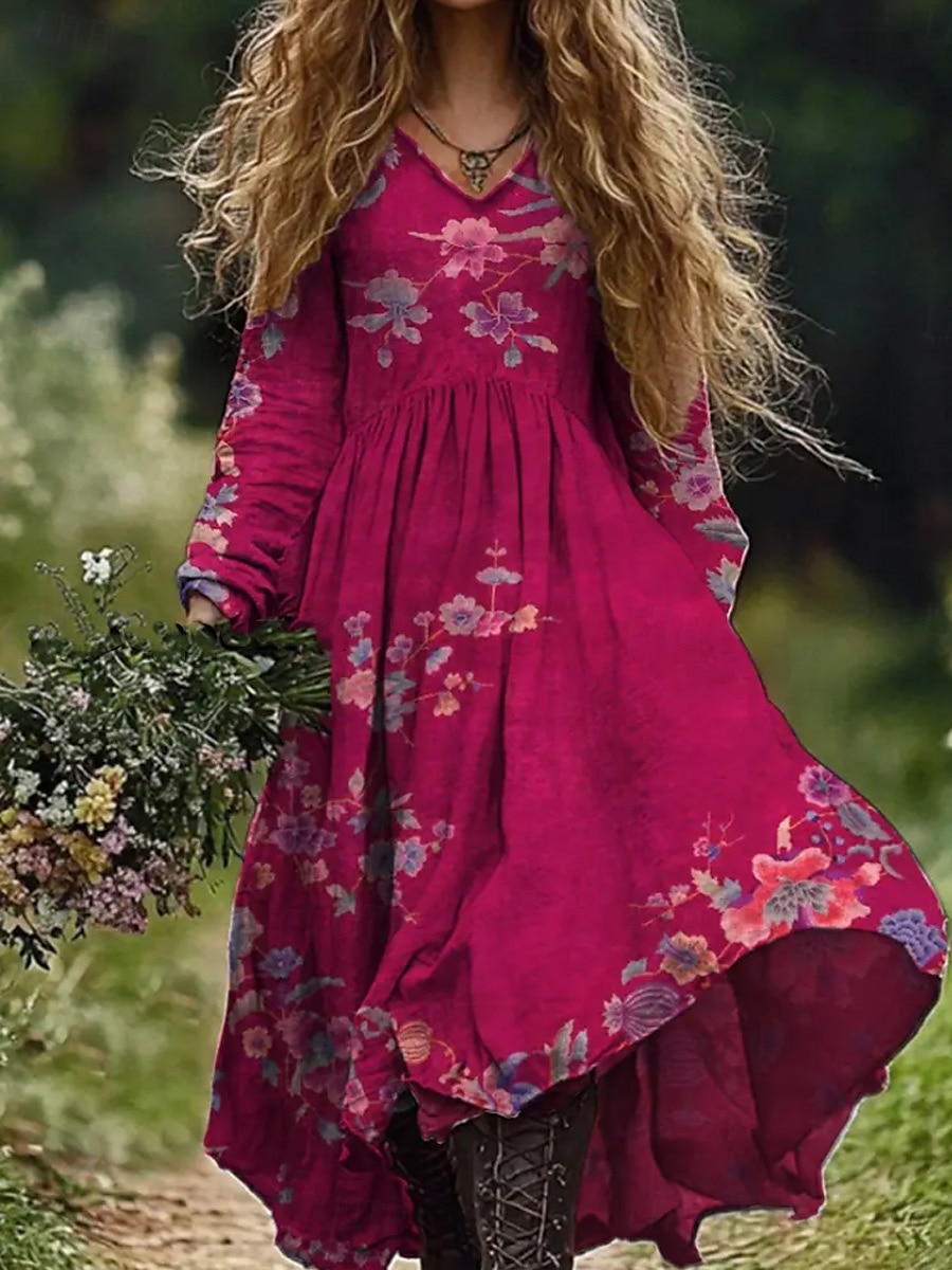 Femmes Robe maxi Robe d'Été Robe Plissée Vacances Occasionnel Boho Sortir Plage Fleuri Graphique Paisley manche longue Col en V Vert foncé Vin Gris foncé Bleu Été Printemps de 2025 ? $35.99 –P2