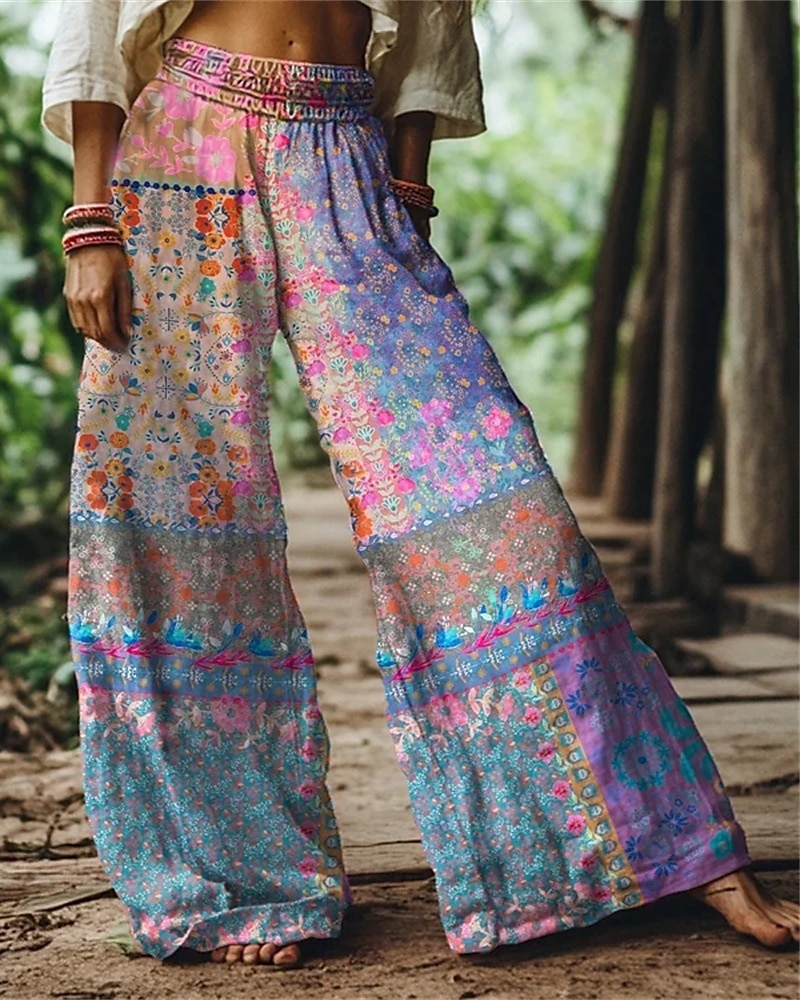 Femmes Jambe large Pantalons Pantalon palazzo Mode Boho Longueur complète Taille haute Fleur Taille Élastique Imprimé Respirabilité Confortable Rue Tenue quotidienne Sortir Bleu Orange Vert Printemps de 2025 ? $32.99 –P1