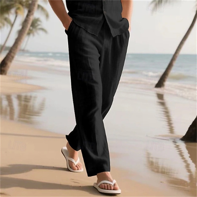 Men's Linen Pants Trousers Summer Pants Baggy Pants Beach Pants Drawstring Elastic Waist Straight Leg Plain Comfort Breathable Full Length Casual Daily Outdoor Vacation Classic Style Khaki Inelastic 2026 - $21.99 –P13