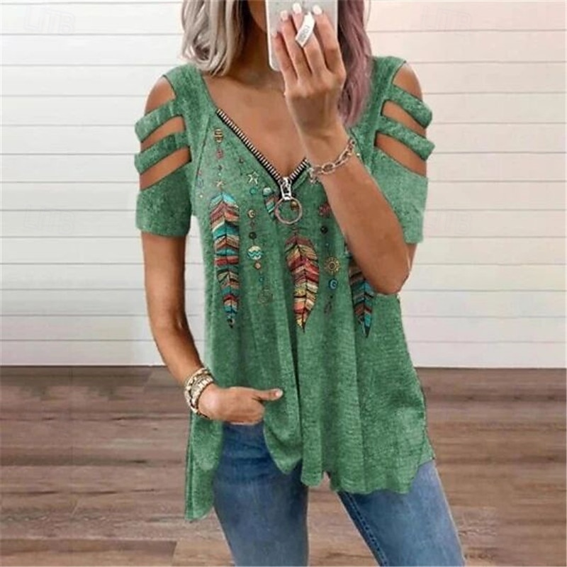 Pentru femei Tricou Plante Modă Modern Manșon scurt În V Topuri obișnuite Zilnic Fermoar Roșu-aprins Mov Trifoi Vară 2025 - $19.49 –P1