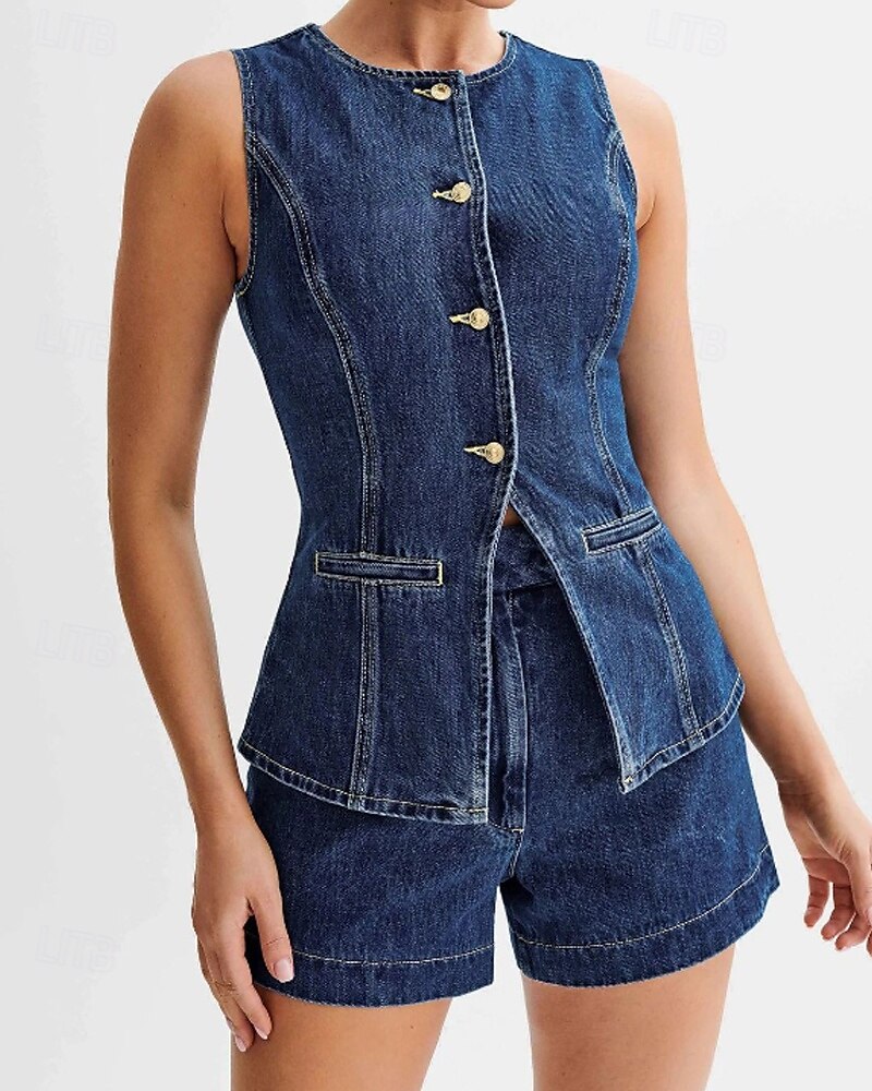 Women's Active Fashion Blouse Shorts Sets Sleeveless Crew Neck Solid Color Split Thigh Vacation Casual Daily Blue Summer Regular Fit 2025 - $48.99 –P4