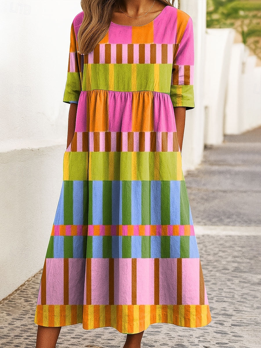 Damen Midikleid A Linie Kleid Sommerkleid Urlaub Lässig Ferien Normale Passform Grafik Geometrisch Halbarm Rundhalsausschnitt Rosa Rote Blau Grün Sommer Frühling Herbst 2025 - $31.99 –P3