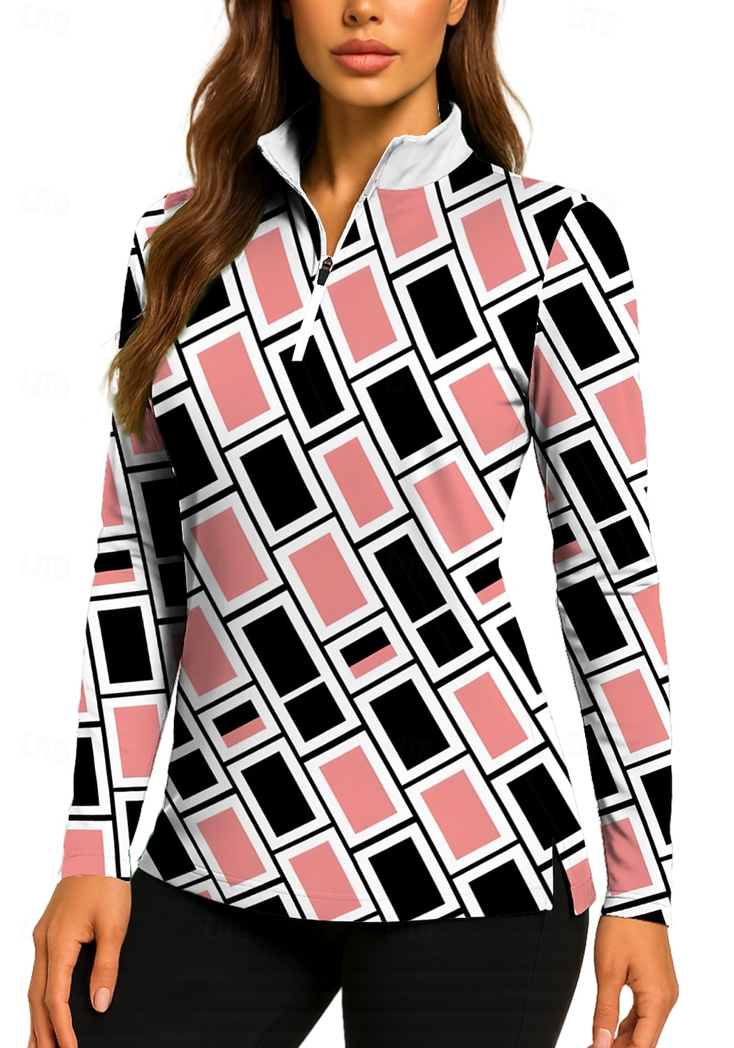 Per donna Geometrico Maglia Polo da golf Maglia da tennis Manica Lunga Stampato Zip a un quarto Pullover Protezione UV Elastico Traspirante Pallavolo Tennis Golf Collo alla coreana Collo con zip del 2026 a $25.99 –P1