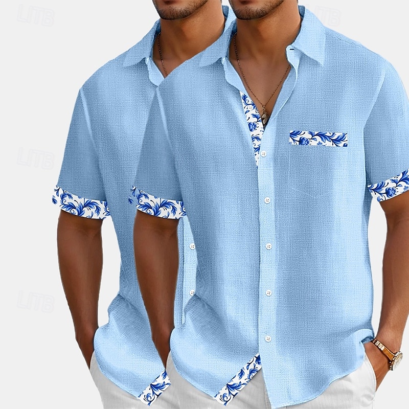 Hombre Camisa Camisa de lino Camisa de verano Camisa de playa Abotonar la camisa Flores Vacaciones Festivos Blanco + Rosa Blanco+Azul Marino Rosa + Azul Marino Azul+Azul Marino Manga Corta Cuello 2025 - $27.99 –P11
