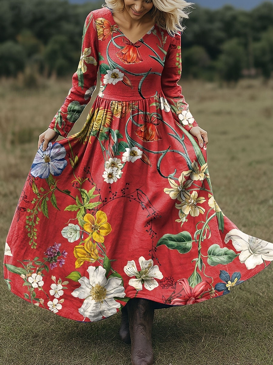 Per donna Abito maxi Abito a trapezio Vacanza Casual Boho Spiaggia Vestibilità regolare Floreale Grafico Paisley Manica Lunga Scollo a V Rosa Rosso Blu Verde Primavera Autunno del 2025 a $49.99 –P2