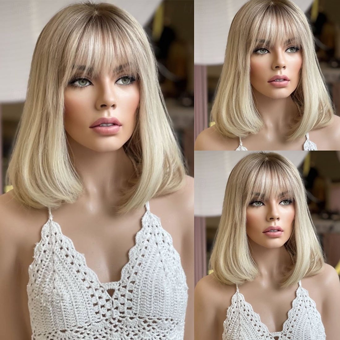 Peluca Cabello virgen sin procesar Cierre 5x5 Cierre 4x13 Cabello Brasileño Recto Rubio Bob corto Con flequillo Mujer Densidad 130% 150% Cabello Ombre Entradas Naturales 100% Virgen Sin cola 2025 - $331.79 –P4