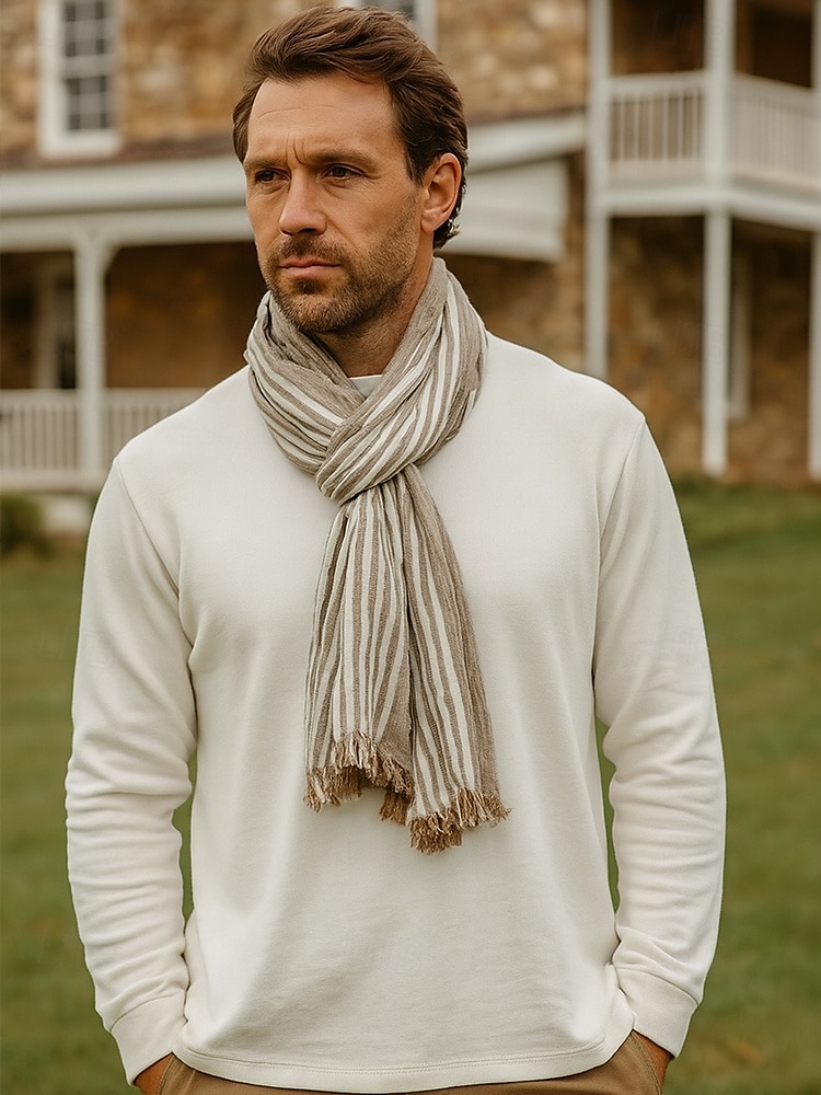 Men's Striped Cotton Scarf – Lightweight Soft Fringed Wrap for Fall & Winter, Casual Vintage Style Shawl for Travel, Daily Wear & Outdoor Activities 2025 - $14.99 –P3