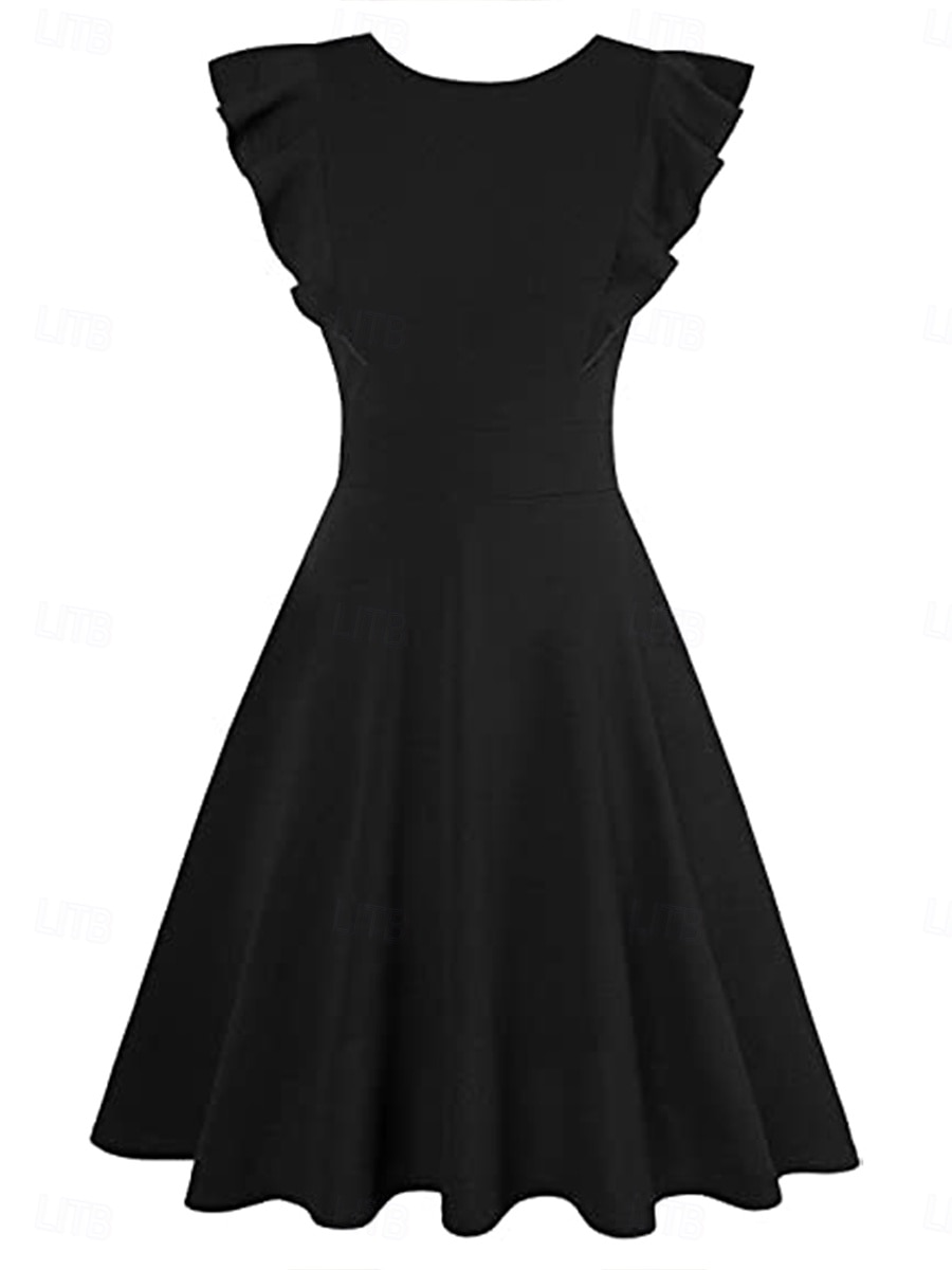 Femmes Robe Longueur Genou Robe à Volants Robe ajustée et évasée Élégant ancien Coupe régulière Uni Manche Courte Col ras du cou Noir Été Automne de 2025 ? $25.99 –P2