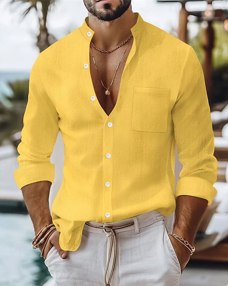 Per uomo Camicia Camicia di lino Camicia casual Camicia con Bottoni Camicia di cotone Semplice Vacanza Camicia hawaiana Nero Bianco Giallo Blu marino Manica Lunga Colletto alla coreana Primavera del 2025 a $23.99 –P6