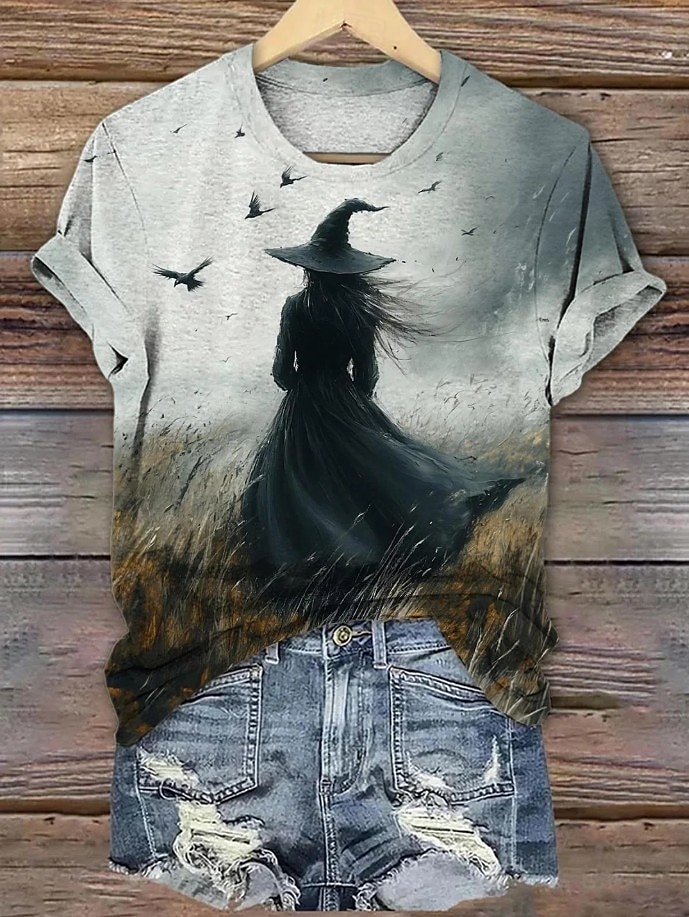 Halloween Dámské Tričko Grafika předvečer Všech svatých Čarodějnice Vinobraní stylové Klasické Krátký rukáv Tričkový Běžné topy Denní Víkend Tisk Šalvějová zeleň Žlutá Vodní modrá Oranžová Šedá Léto 2025 - $19.99 –P1