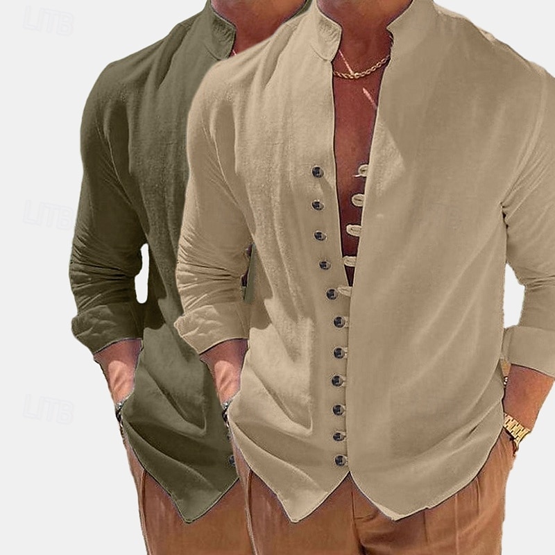 Men's Shirt Linen Shirt Summer Shirt Casual Shirt Button Up Shirt Plain Vacation Curise Green+pink Green+Khaki Blue+Khaki Khaki+Orange Long Sleeve Band Collar Summer Spring &  Fall Clothing Apparel 2026 - $29.99 –P10