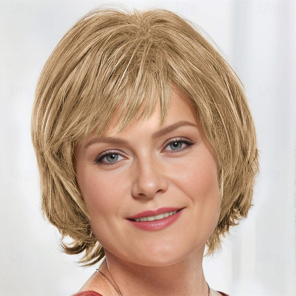 Meg Whisperlite Perücke, moderner mehrlagiger, seitlich gefegter Bob-Schnitt, gerader Stil mit gefiederten Enden / 30 mehrfarbige Schattierungen von Blond, Grau, Braun und Rot 2025 - $23.99 –P4
