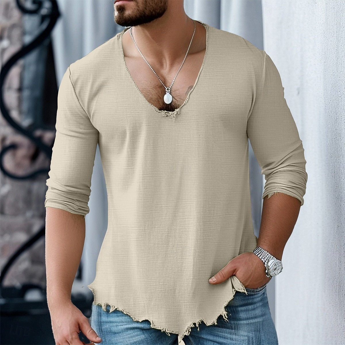 Herren Baumwoll-Leinen-Hemd T-Shirt Langarmshirt Langarm V Ausschnitt Sommer Frühling Einfarbig Täglich Lässig Trendy V-Ausschnitt Outdoor Straße Lässig Weiß Rosa Blau Top T-Shirt für Herren 2025 - $20.99 –P9