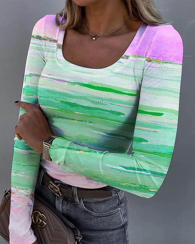 Femmes Tunique A Ombre Graphique ancien Mode Élégant manche longue Col carré Hauts Réguliers Quotidien Imprimé Rouge Bleu Violet Vert Été Printemps Automne de 2025 ? $24.99 –P4