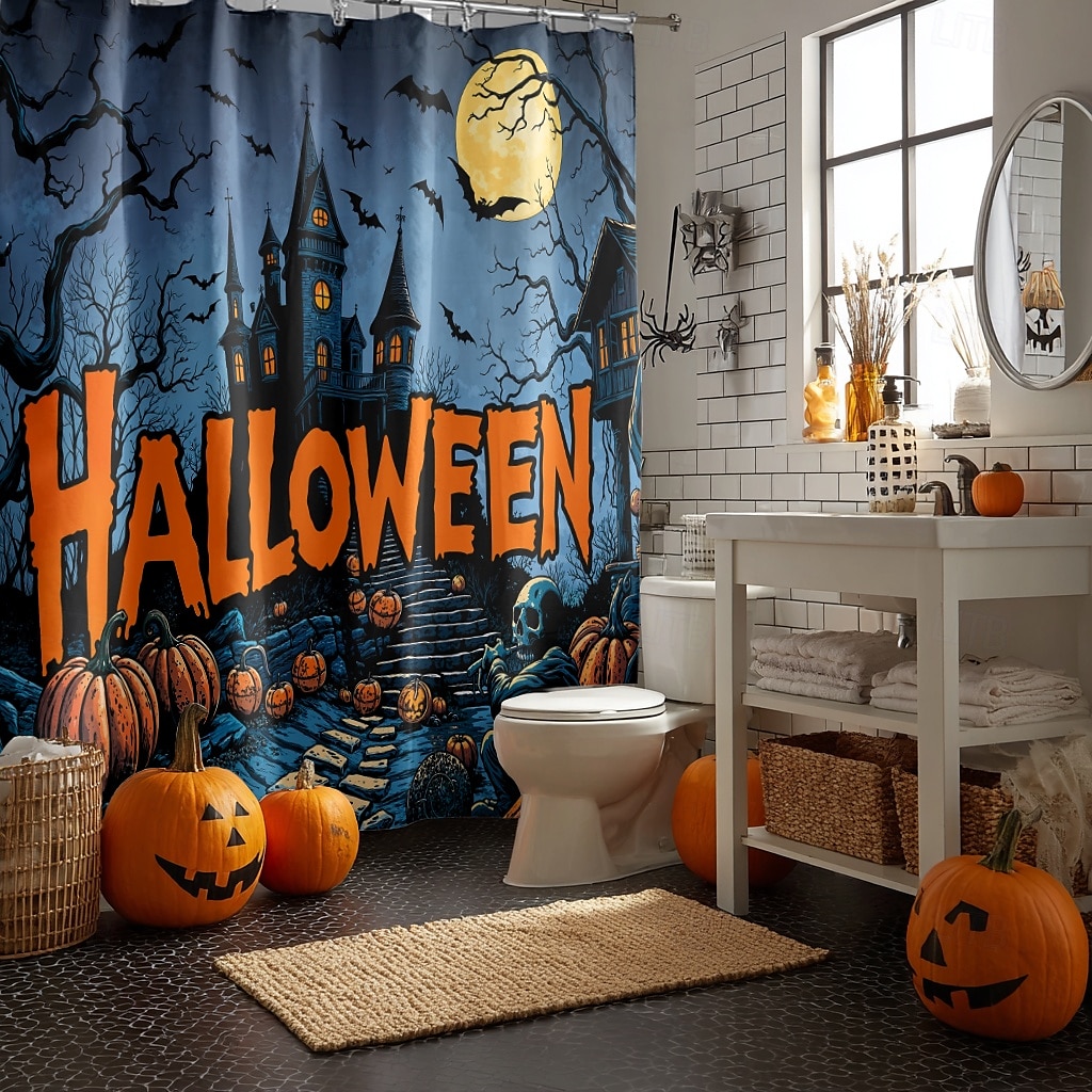 κουρτίνα ντους για το Halloween με γάντζους, πλενόμενη αδιάβροχη διακόσμηση μπανιέρας μπάνιου με πολυεστέρα 2025 - $19.99 –P3