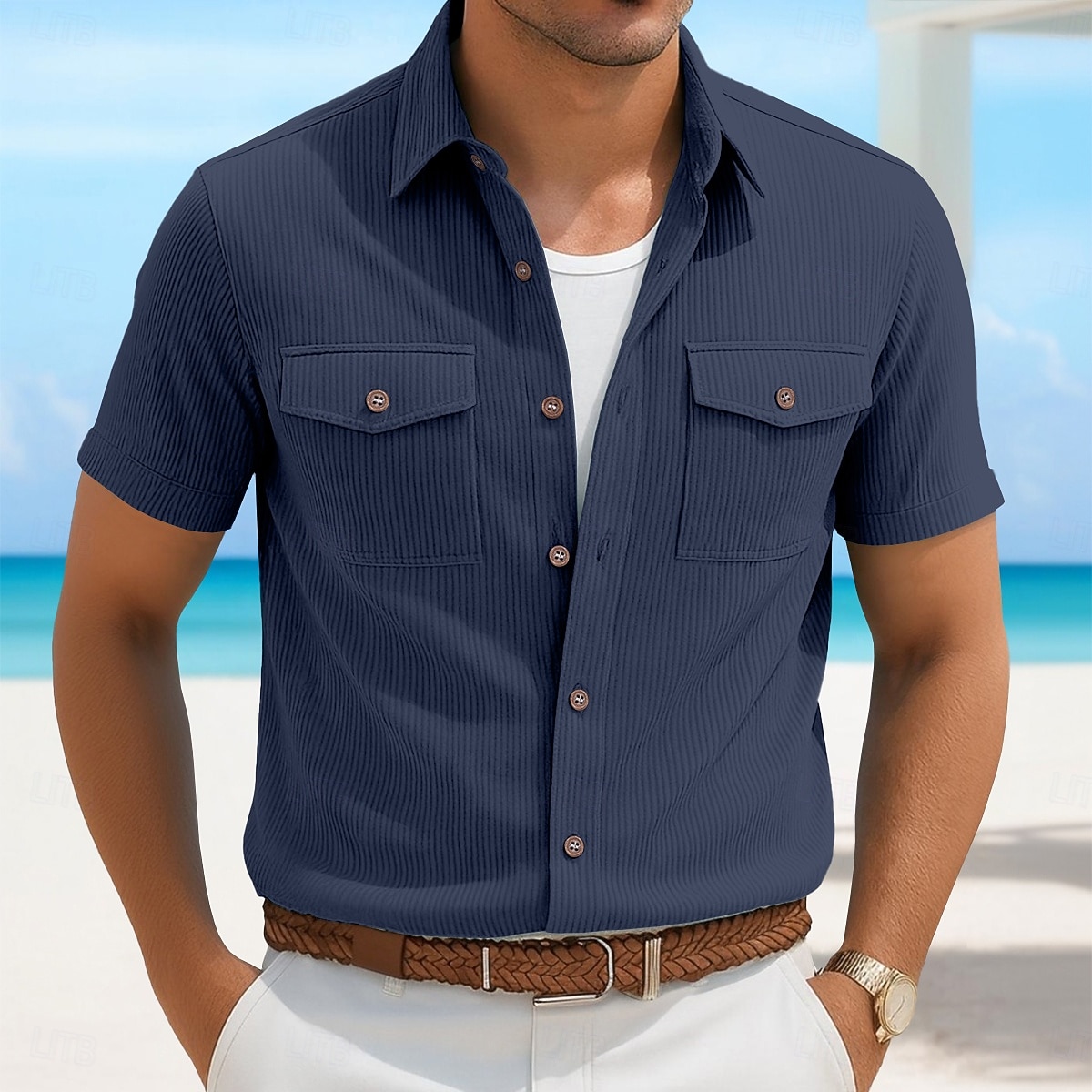 Herren Hemd Sommerhemd Freizeithemd Cordhemd Knopfhemd Cargohemd Schwarz Weiß Marineblau Himmelblau Kaki Kurzarm Streifen Revers Lässig Täglich Fronttasche Bekleidung Mode Lässig 2025 - $21.99 –P2