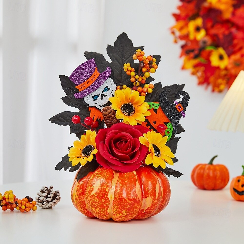 enfeite de mesa de outono de Halloween com abóbora falsa, folhas de bordo e luz LED para o festival da colheita de outono, decoração de cena assustadora de Halloween para casa e festa de outono de 2025 por $20.99 –P7