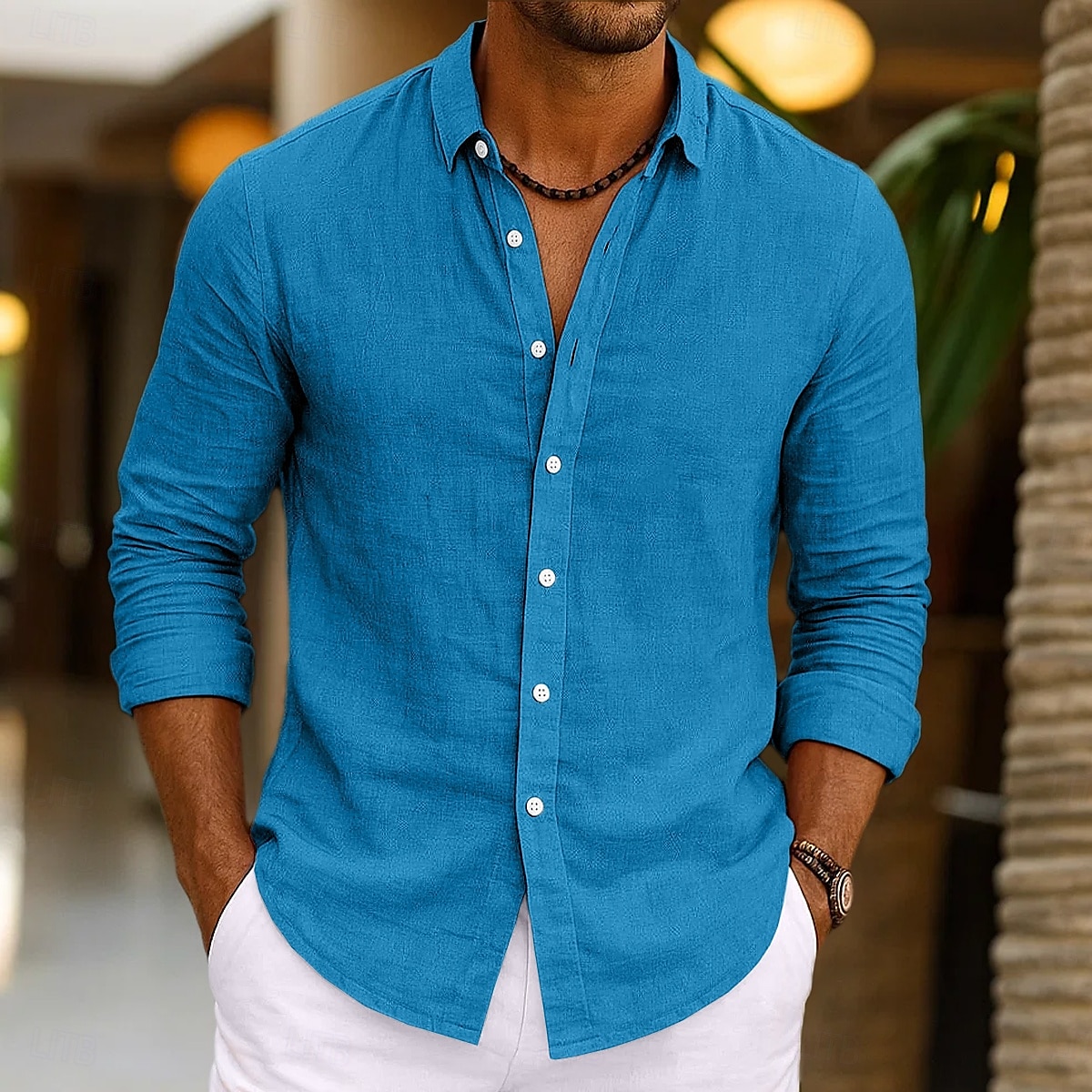 Per uomo Camicia Camicia di lino Camicia Estiva Abbigliamento da spiaggia Camicia con Bottoni Semplice Vacanza Casuale Nero Rosa Blu marino Verde Manica Lunga Collo ripiegato Primavera & Estate del 2025 a $23.99 –P7