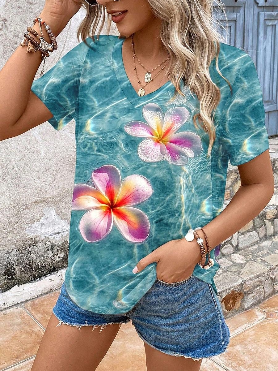 Femmes T-shirt Fleuri Graphique Plantes ancien Élégant Occasionnel Manche Courte Col en V Hauts Réguliers Quotidien Imprimé Bleu Été Printemps de 2025 ? $19.99 –P2