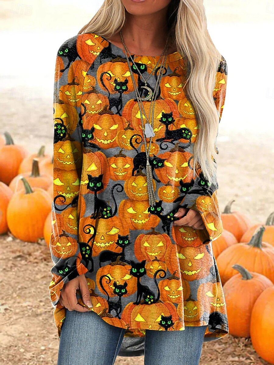 Halloween Femmes T-shirt Graphique Potiron Sorcière ancien Élégant Classique manche longue Col ras du cou Col rond Hauts Longs Quotidien Imprimé Jaune Orange Gris Printemps Automne de 2025 ? $24.99 –P1