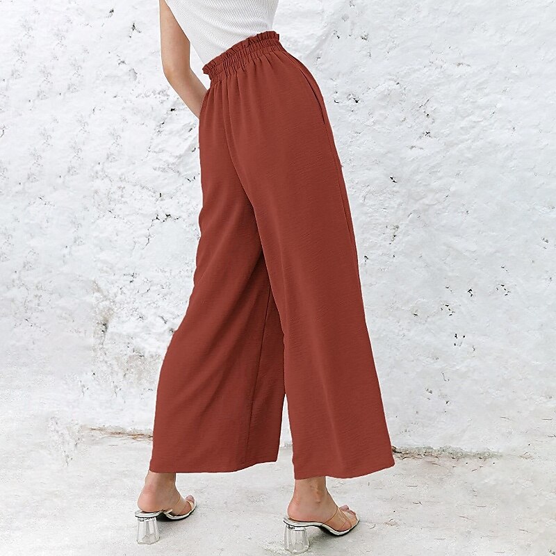 Femmes Jambe large Slacks Streetwear Occasionnel Longueur complète Naturel Uni Avec Poches Taille Élastique Confortable Fête Week-end Rouille Vert printanier Noir Blanche Automne Coupe régulière de 2025 ? $17.99 –P14