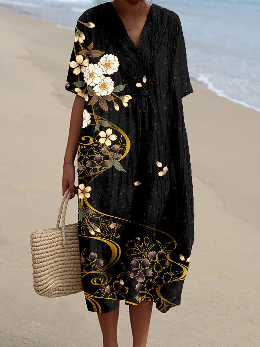 Femmes Robe Midi Robe d'Été Robe trapèze Vacances Occasionnel Chaussures de plage Soirée Sortir Plage Coupe Ample Fleuri Graphique Manche Courte Col en V Noir Vert Beige Été Printemps de 2025 ? $37.99 –P1