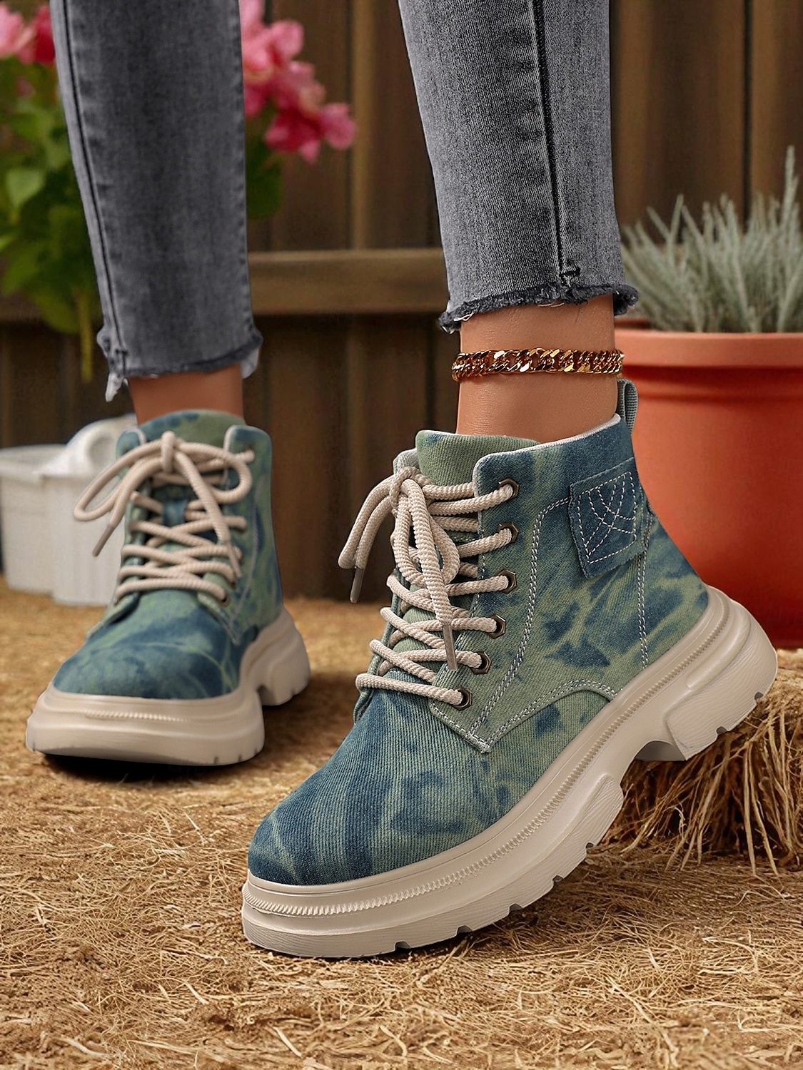 Women's Tie-Dye Canvas Work Boots with Chunky Sole – Casual Lace-Up Outdoor Boots for Harvest Festival, Farm Work and Fall Outings 2025 - $42.99 –P4