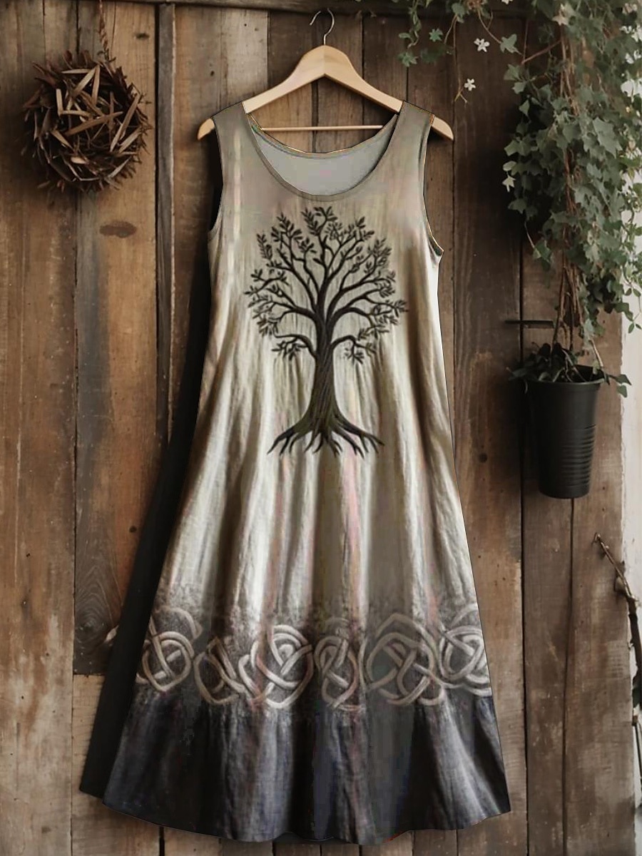 dame vintage viking keltisk knute gradient kunst midikjole sommerkjole A-linjekjole ferie avslappet bohemsk bryllupsfest ute vanlig passform blomsterprint grafisk blad ermeløs U-hals 2025 - $21.99 –P4