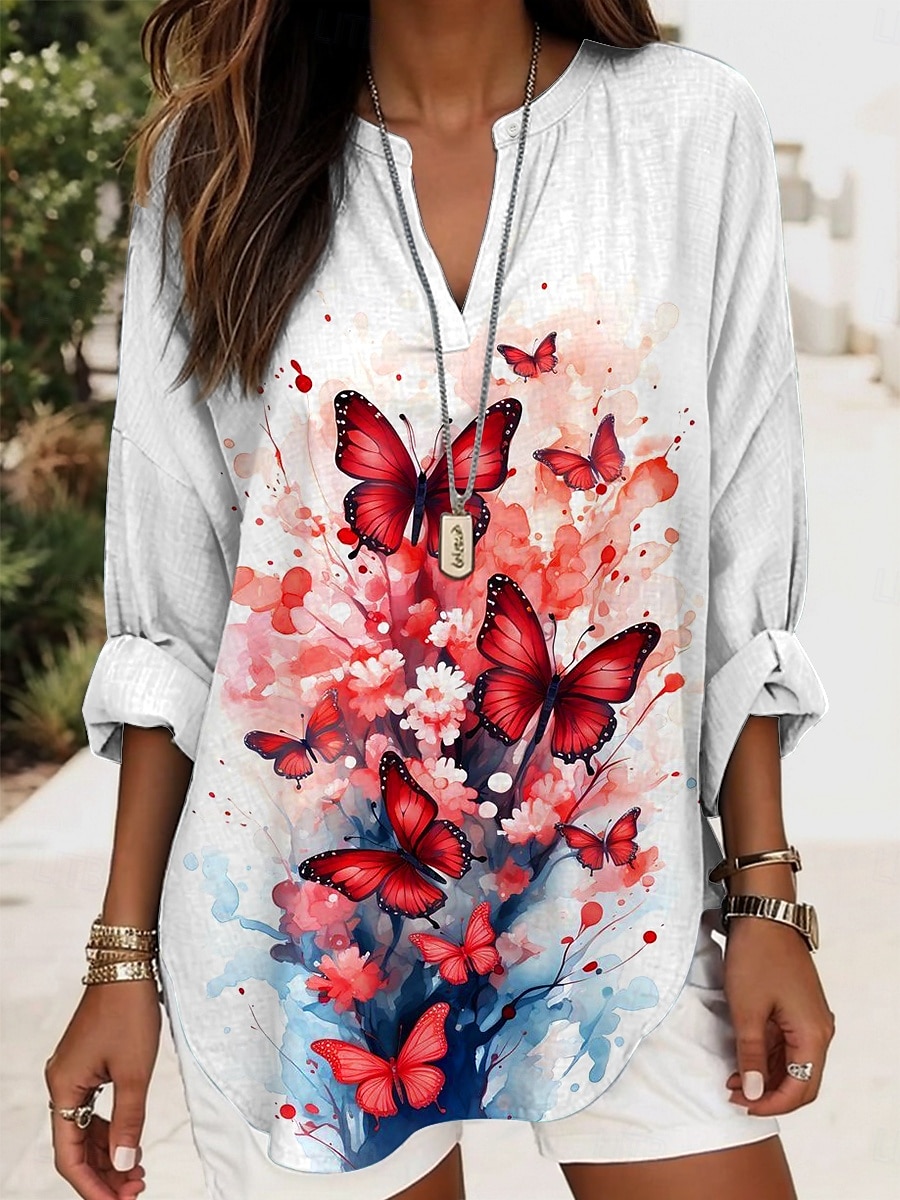 Dame Bluse Grafisk Sommerfugl Elegant Stilfull Fritid Langermet V-hals Vanlige topper Daglig Ferie Trykt mønster Rød Lilla Grønn Regnbue Sommer Vår 2025 - $24.99 –P5