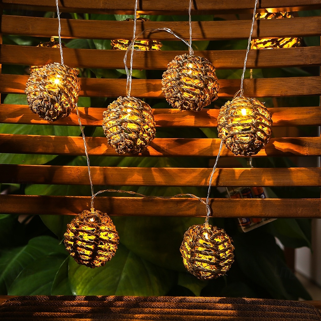 Rattan Wire Ball Style Decorative Lantern String Lights - 10 Lights Globe Rattan Wicker Ball String Lights Indoor Outdoor Patio String Light for Home Pergola Porch Party Backyard 2025 - $32.99 –P1