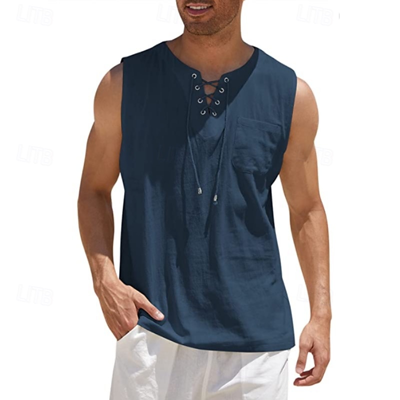 Per uomo Camicia Camicia di lino Camicia popover Camicia Estiva Abbigliamento da spiaggia Maglietta senza maniche Tinta unica Vacanza Streetwear Nero Bianco Blu marino Azzurro cielo Senza Maniche del 2025 a $19.99 –P6