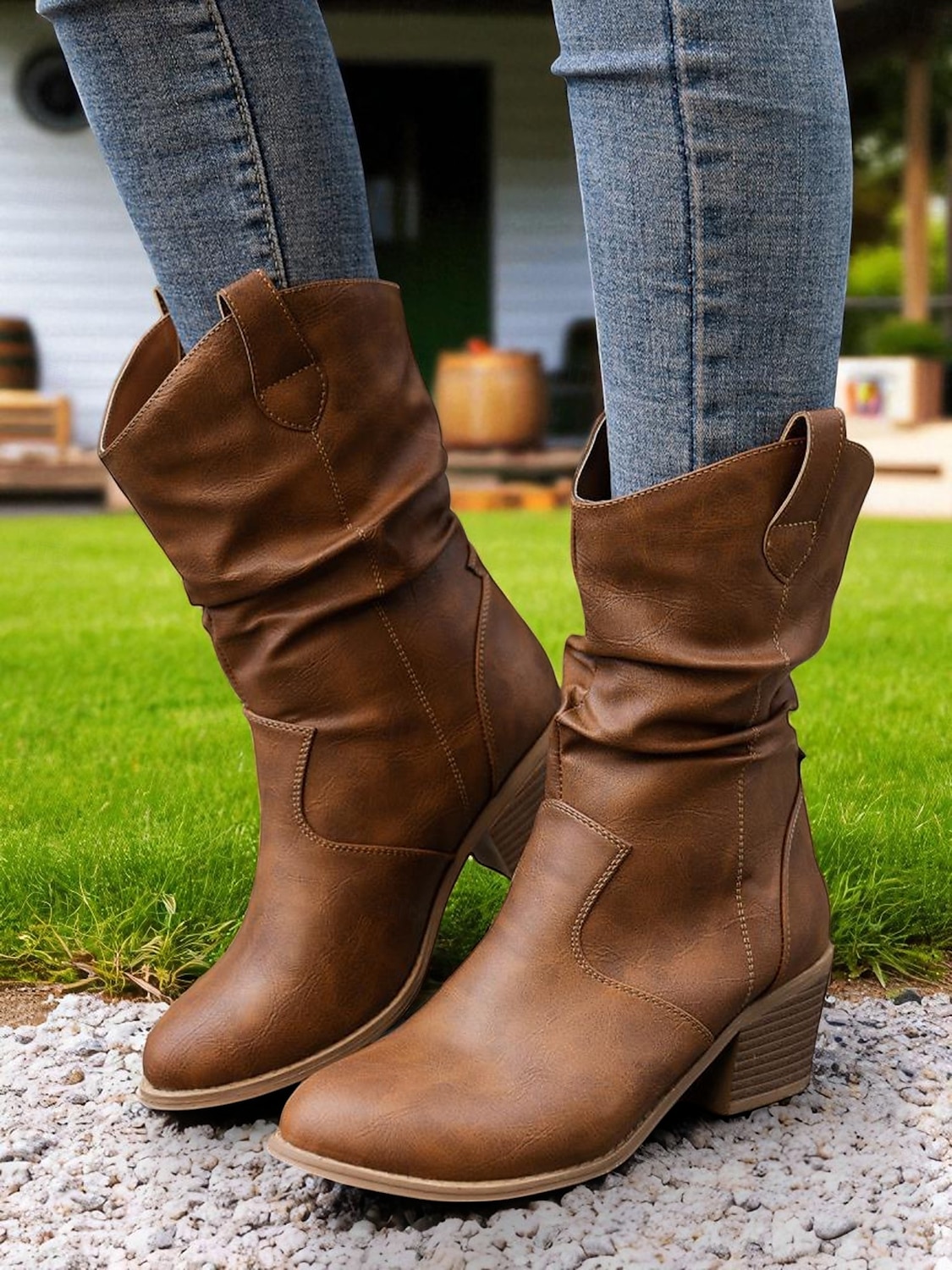 Dámské hnědé volné kozačky do půli lýtek s úzkým podpatkem – boty z umělé kůže ve vintage westernovém stylu na venkovské outfity, návštěvy farem a podzimní festivaly 2025 - $42.99 –P2
