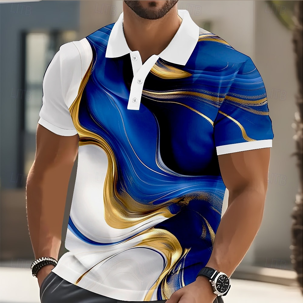 Men's Abstract Marble Polo Short Sleeve Polo Shirts Collared Shirts Casual Outdoor Athleisure Daily Wear 3D Print Buttons Summer Blue White Light Blue 2026 - $21.99 –P2