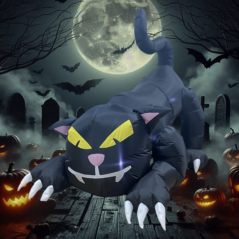 Decorazione per esterni gonfiabile di Halloween con testa di gatto nero in movimento, decorazioni per feste all'aperto del 2025 a $104.99 –P3