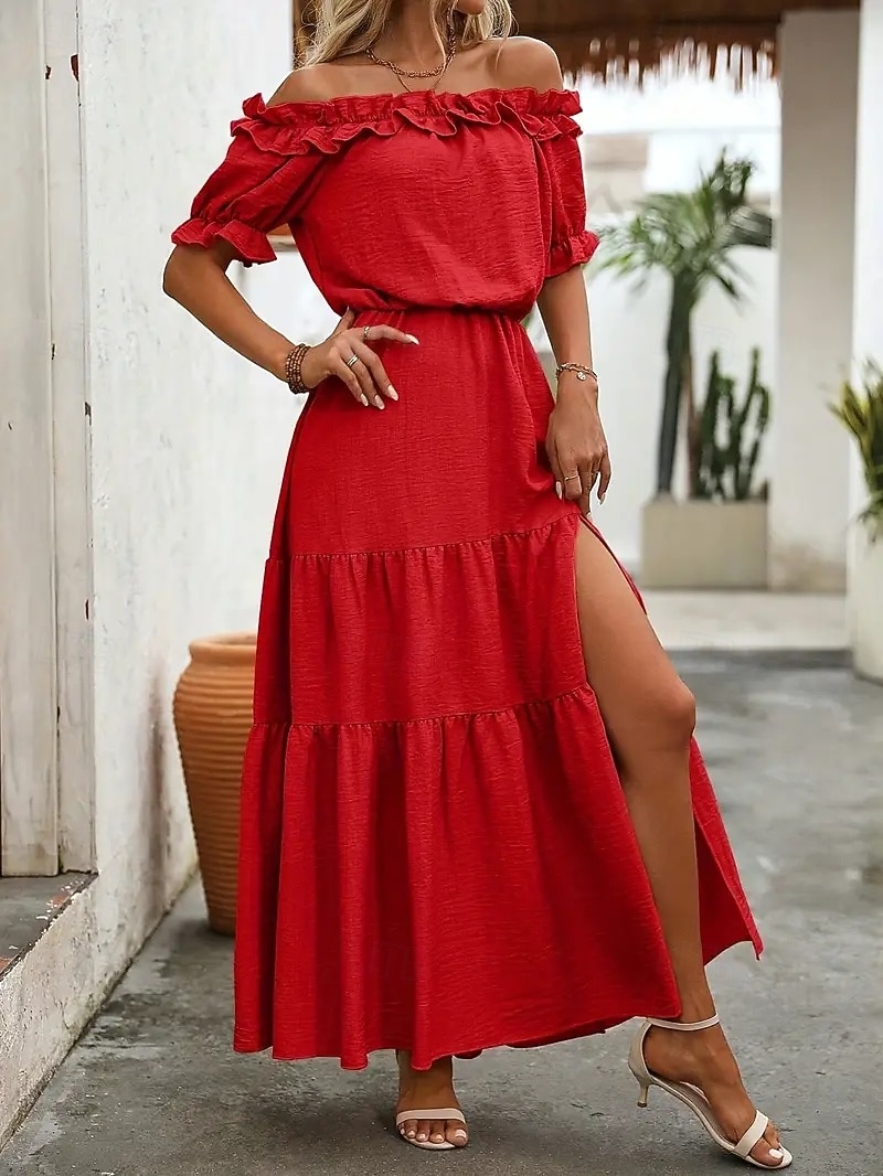 Damen Langes Kleid Maxikleid Schwingkleid Sommerkleid Elegant Ausgehen Sommerkleid Normale Passform Einfarbig Kurzarm Schulterfrei Schwarz Rote Rosenrot Aprikose Sommer 2025 - $24.99 –P7