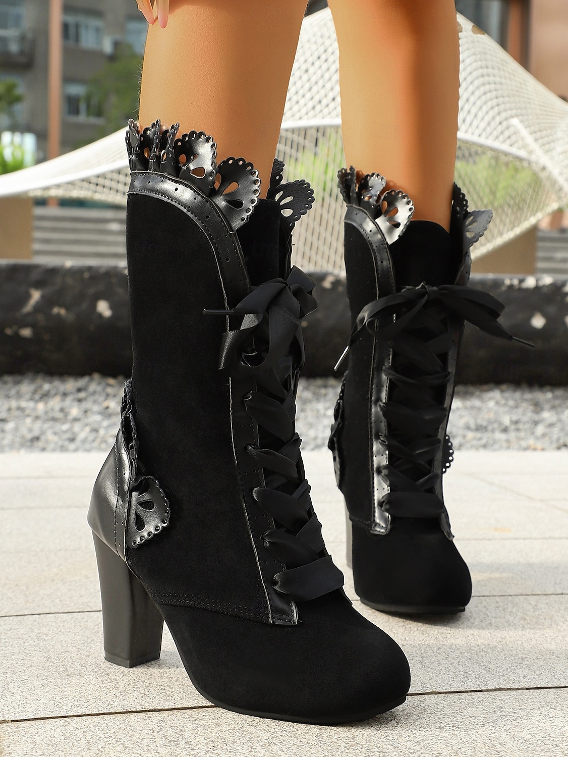 Damen Stiefel Absatzstiefel Täglich Stickerei Blockabsatz Runde Zehe Mode Wildleder Schnürung Leopard Schwarz 2025 - $34.99 –P7
