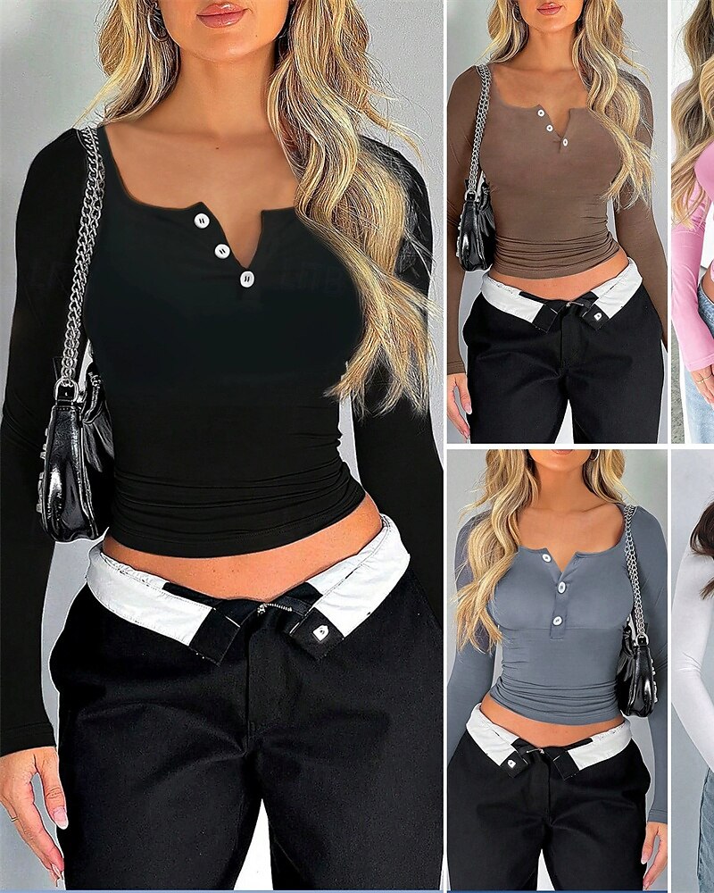 Damen T Shirt Einfach Mode Modern Langarm Quadrathals Crop Tops Täglich Tunika Knöpfe Schwarz Weiß Rosa Sommer 2025 - $19.49 –P1