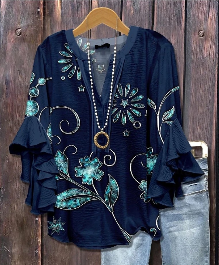 Damenbluse V-Ausschnitt Floral Grafik Elegant Bohemia Ethnisch 3/4-Ärmel Reguläre Oberteile Alltag Urlaub Freizeit Rüsche Print Königsblau Blau Helllila Khaki Sommer Frühling Herbst 2025 - $29.99 –P1