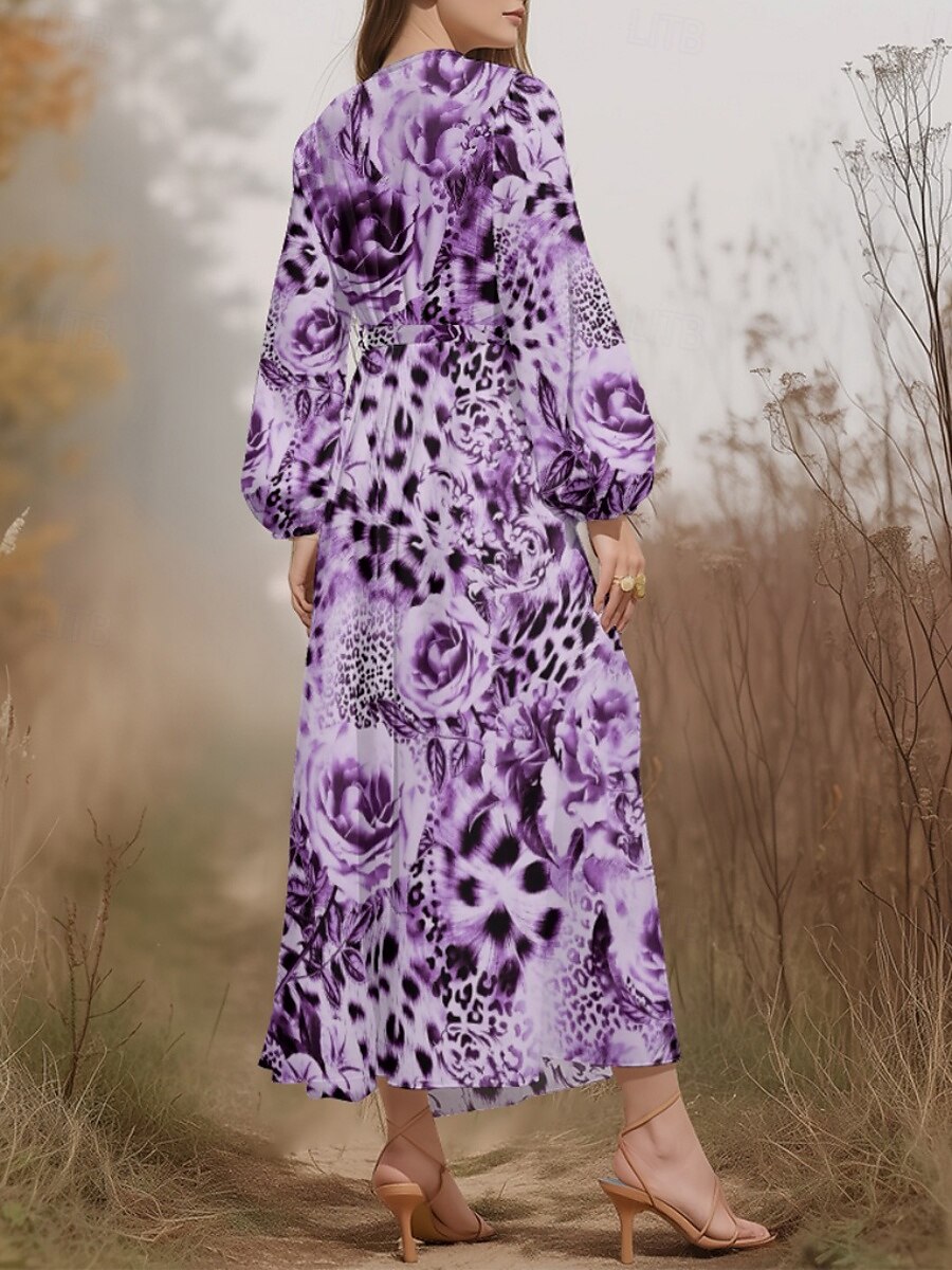 Damen Midikleid Freizeitkleid Chiffon Schwingkleid Modern Urlaub Täglich Wochenende Normale Passform Blumen Leopard Langarm V Ausschnitt Purpur Dunkelviolett Grau Sommer Frühling Herbst 2025 - $31.99 –P8