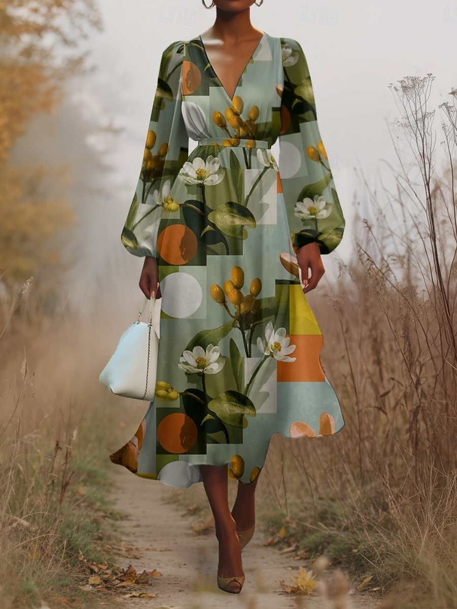 Damen Midikleid Freizeitkleid Chiffon Schwingkleid Modern Urlaub Täglich Wochenende Normale Passform Blumen Karomuster Langarm V Ausschnitt Dunkelgrün Purpur Grün Sommer Frühling Herbst 2025 - $31.99 –P7