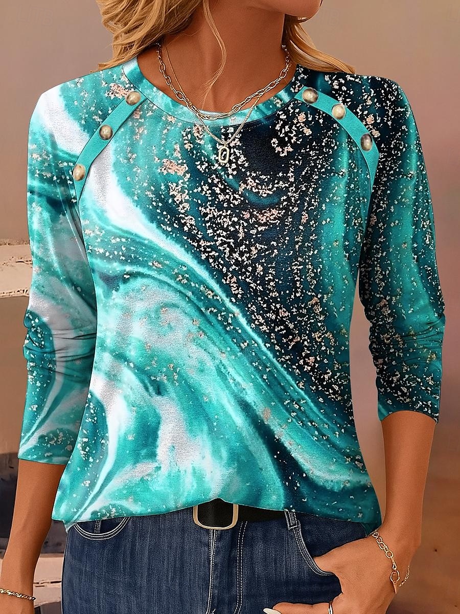 Femmes T-shirt Graphique Géométrique ancien Occasionnel manche longue Col ras du cou Hauts Réguliers Quotidien Boutons Imprimé Vert cendré Bleu Violet Marron Vert Printemps Automne Hiver de 2025 ? $24.99 –P3