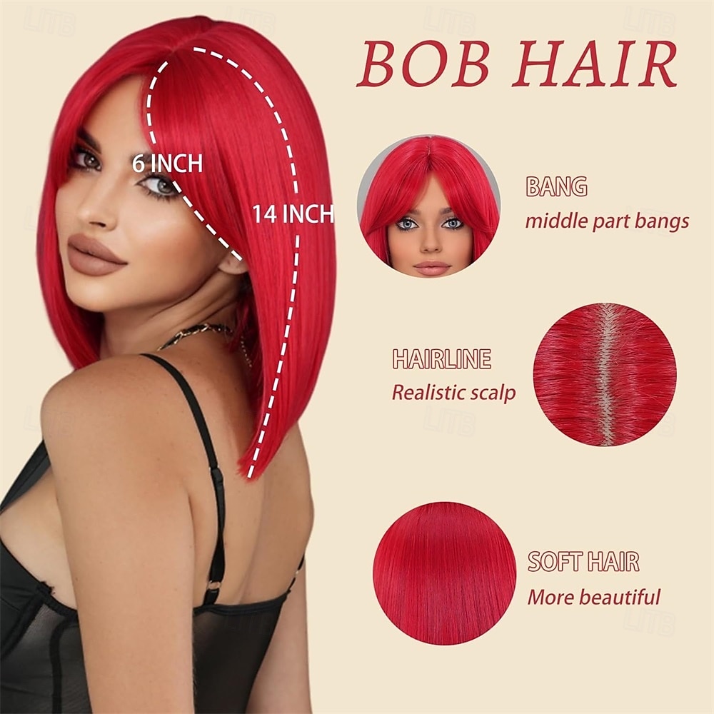 Red Bob Short Straight Wig with Curtain Bang 14 Inch  display picture 1
