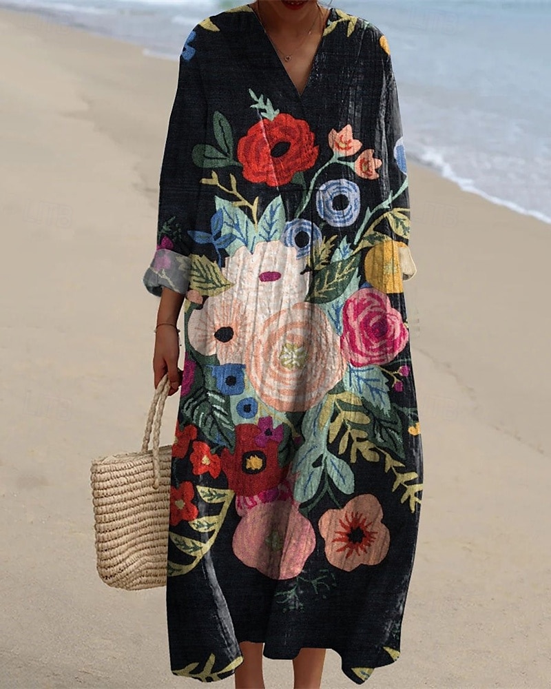 Femmes Robe Midi Robe Décontractée Robe Imprimée Mode Moderne Quotidien Plage Week-end Coupe régulière Fleuri manche longue Col en V Noir Jaune Vert Printemps Automne de 2025 ? $24.99 –P1