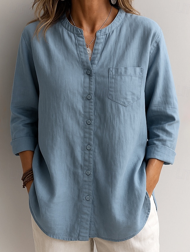 Жен. Рубашка Сплошной цвет Элегантный стиль Повседневные На каждый день Рукав 3/4 Вырез под горло Обычные топы Синий Белый Темно синий Бежевый Лето Весна Весна, осень, зима, лето 2026 - $26.99 –P3