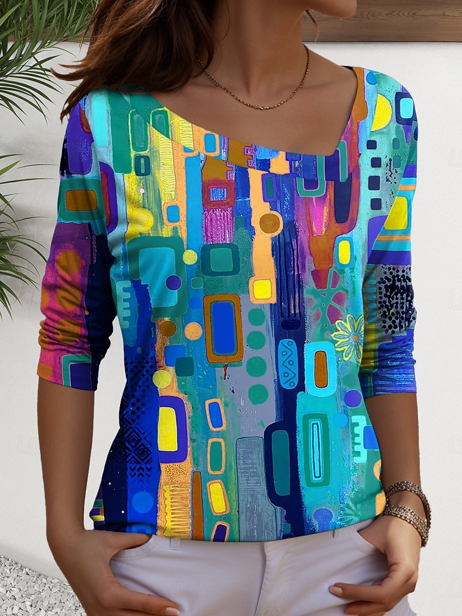 Per donna Maglietta Stampato Grafico Geometrico Casual Manica Lunga Scollo a V Top Regolari Quotidiano Blu Rosso Viola Verde Primavera Autunno del 2026 a $22.99 –P1