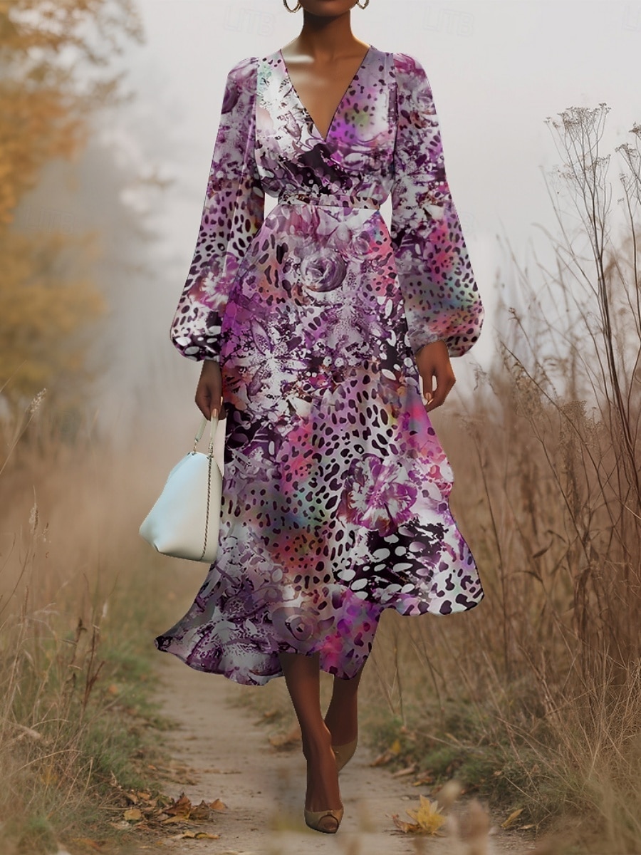 Women's Midi Dress Casual Dress Chiffon Swing Dress Modern Vacation Daily Weekend Regular Fit Leopard Long Sleeve V Neck Pink Blue Purple Green Summer Spring Fall Autumn 2025 - $31.99 –P7