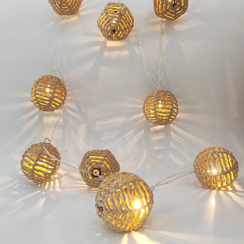 Rattan Wire Ball Style Decorative Lantern String Lights - 10 Lights Globe Rattan Wicker Ball String Lights Indoor Outdoor Patio String Light for Home Pergola Porch Party Backyard 2025 - $32.99 –P12