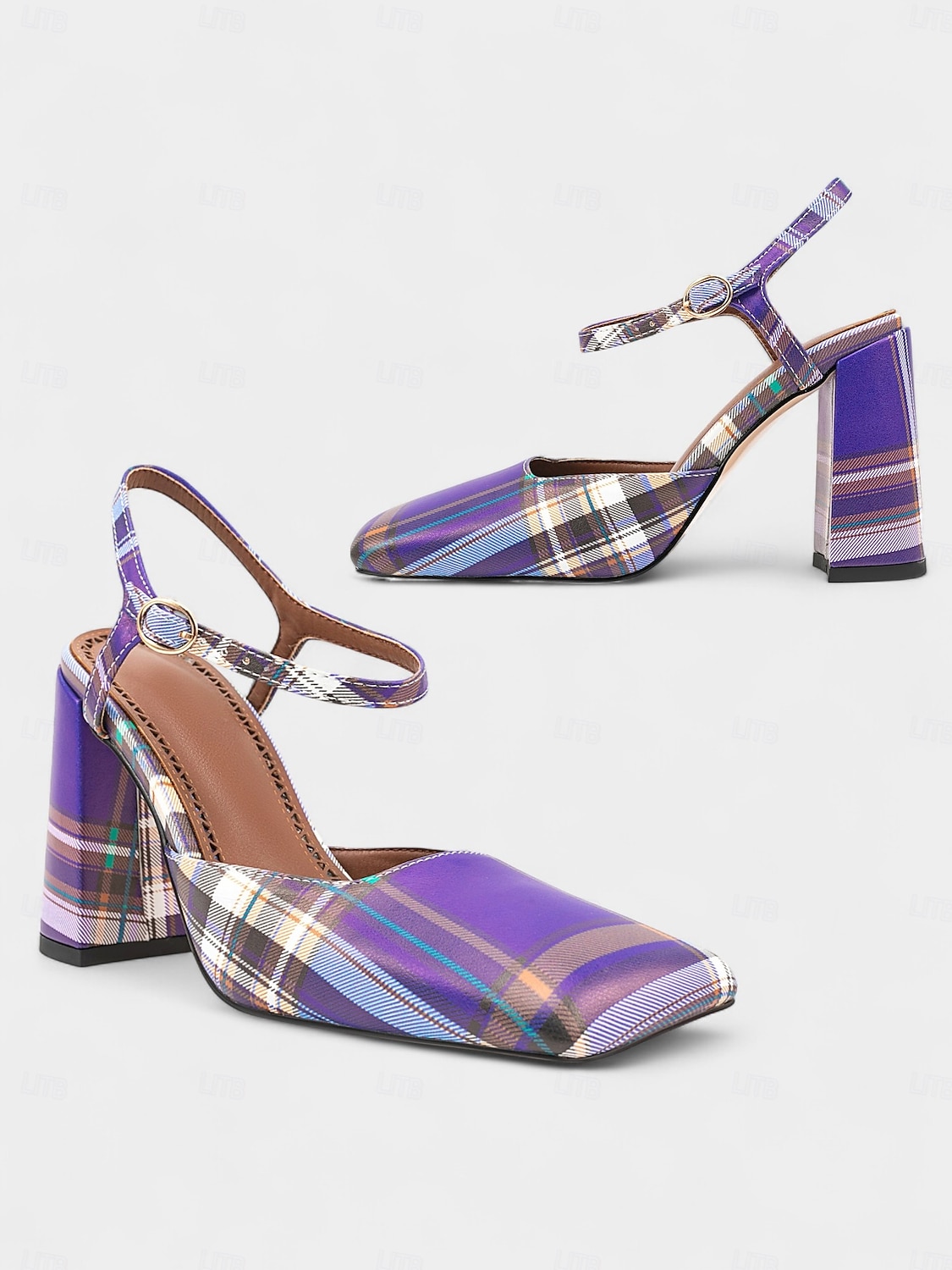 Women's Purple Plaid Block Heel Pumps –1970s Retro Square Toe High Heels with Ankle Strap for Daily Wear, Office & Vintage Outfits 2025 - $79.99 –P5